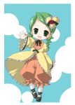  00s 1girl :d blue_background dress drill_hair full_body green_eyes green_hair hair_ornament heart_hair_ornament kanaria long_sleeves open_mouth puffy_pants rozen_maiden short_hair simple_background smile solo twin_drills waving yellow_dress 