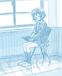  1girl blue book chair folding_chair glasses monochrome nagato_yuki satou_atsuki solo suzumiya_haruhi_no_yuuutsu 
