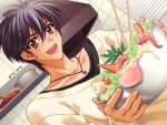  1boy bad_food black_hair brown_eyes carnelian carrot failure food frying_pan game_cg happy jewelry kitchen male_focus messiah_(game) necklace octopus pot sasamori_ryouta sausage solo 