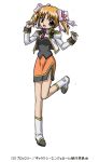  00s 1girl apricot_sakuraba boots broccoli_(company) flower galaxy_angel galaxy_angel_rune lowres orange_hair orange_skirt pencil_skirt short_twintails skirt solo standing standing_on_one_leg twintails uniform white_background 