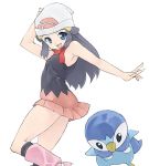  1girl beanie blue_eyes blue_hair boots ennui hand_on_own_head hat hikari_(pokemon) long_hair outstretched_arm pink_boots piplup pokemon red_scarf scarf simple_background skirt socks white_background 