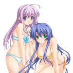  2girls ahoge bikini blue_eyes blue_hair blush breasts cleavage green_eyes konoe_nanami lamune large_breasts long_hair multiple_girls purple_hair side-tie_bikini striped swimsuit tomosaka_suzuka tongue very_long_hair 