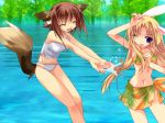  2girls animal_ears aniseed_(company) bikini closed_eyes game_cg kaguya_(relict) karin_(relict) minazuki_haruka multiple_girls one_eye_closed relict_~toki_no_wasuremono~ swimsuit tail wink 