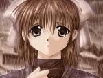  1girl brown_eyes brown_hair clenched_teeth head_scarf izumo long_hair looking_at_viewer minase_nanami monochrome parted_lips rain solo tears teeth upper_body water wet yamamoto_kazue 