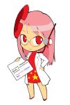  1girl bangs chibi china female full_body google google-tan headset looking_at_viewer parody pink_hair simple_background solo standing white_background 