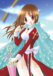  1girl bad_anatomy brown_hair cape clouds happy high_priest long_hair open_mouth ragnarok_online rainbow red_eyes solo thigh-highs umbrella 