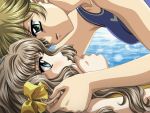  2girls blush bow breasts carnelian close-up ear_pull face-to-face game_cg hair_bow hand_to_own_mouth ichijou_sayoko incipient_kiss multiple_girls ono_ikumi re_leaf swimsuit water yuri 