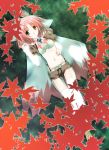  1girl autumn_leaves cape devout final_fantasy final_fantasy_iii from_above green_eyes heterochromia looking_at_viewer lying midriff navel on_back pink_hair puffy_short_sleeves puffy_sleeves seer short_hair short_sleeves shorts solo thigh-highs white_legwear white_mage yellow_eyes zettai_ryouiki 