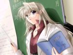  1girl book chalkboard game_cg glasses izumo jewelry long_hair necklace silver_hair solo tachibana_ayaka teacher violet_eyes yamamoto_kazue 