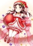  1girl arisutoutoi blush bow brown_eyes brown_hair dress food frilled_dress frills fruit hat hat_bow idolmaster idolmaster_cinderella_girls long_hair looking_at_viewer red_ribbon ribbon santa_costume santa_hat solo strawberry tachibana_arisu thigh-highs white_legwear 