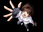  1boy brown_hair dress_shirt falling fingerless_gloves gloves green_eyes izumo male_focus pants shirt simple_background solo touma_hikaru yamamoto_kazue 