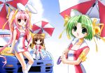  3girls :d animal_ears bare_shoulders blush brown_hair car child dejiko di_gi_charat dress green_hair ground_vehicle hair_ribbon jacket motor_vehicle multiple_girls open_clothes open_jacket open_mouth pink_hair puchiko rabbit_ears racequeen ribbon short_hair simple_background smile twintails umbrella usada_hikaru vehicle 