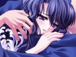  1girl blue_hair carnelian close-up ena ena_(quilt) expressionless face game_cg hug lipstick long_hair makeup parted_lips quilt quilt_(game) solo_focus upper_body violet_eyes 