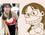 1girl asian breasts caricature cleavage cosplay glasses large_breasts mage mage_(ragnarok_online) parody photo ragnarok_online smile solo_focus teeth twintails 