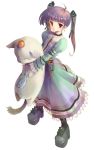  1girl cat cross dress fish green_dress red_eyes simple_background solo stuffed_animal stuffed_toy twintails yurikuta_tsukumi 