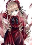  00s 1girl :d arm_up blonde_hair bonnet capelet cowboy_shot dress drill_hair hair_between_eyes looking_to_the_side open_mouth parted_lips raid_slash red_dress ribbon rozen_maiden shinku sidelocks smile solo twin_drills twintails 