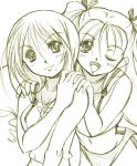  2girls floe green kusui_aruta mole monochrome morinas multiple_girls simoun 