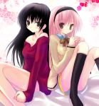  2girls ass bangs black_hair black_legwear blush bow breasts brown_eyes cleavage footwear hairband kannon_ouji kneehighs long_hair multiple_girls nanto_yaya no_bra okuwaka_tsubomi on_bed pink_hair school_uniform sitting socks strawberry_panic! sweater 