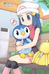  1girl backpack bag beanie bench blue_eyes blue_hair bracelet hat hikari_(pokemon) holding jewelry kneehighs long_hair musical_note piplup pokemon quaver randoseru scarf sitting skirt smile speech_bubble spoken_musical_note yamai 