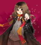  1girl brown_eyes brown_hair harry_potter haruse_hiroki hermione_granger long_hair lowres magic necktie open_mouth scarf solo wand 