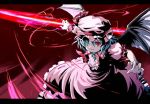  1girl bat_wings blue_hair female hair_over_one_eye haniwa haniwa_(leaf_garden) hat red_eyes remilia_scarlet ribbon short_hair solo spear_the_gungnir touhou weapon wings wrist_cuffs 