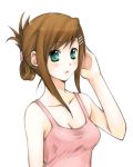  1girl alternate_hairstyle brown_hair collarbone expressionless folded_ponytail green_eyes hair_ornament hairclip looking_at_viewer pink_shirt shirt short_hair sidelocks sleeveless sleeveless_shirt solo sophia_esteed star_ocean star_ocean_till_the_end_of_time tank_top upper_body usashiro_mani white_background 