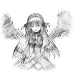  00s 1girl cowboy_shot evil_smile flower frilled_sleeves frills hairband lolita_hairband long_sleeves looking_at_viewer monochrome parted_lips rose rozen_maiden simple_background sketch smile solo suigintou white_background wings 