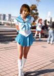  1girl bishoujo_senshi_sailor_moon blue_skirt boots cosplay magical_girl mizuno_ami pantyhose photo sailor_mercury sailor_mercury_(cosplay) skirt solo 