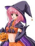  1girl :d black_gloves brown_eyes cape clover_(game_cg) crop_top elbow_gloves gloves halloween hat holding jack-o&#039;-lantern looking_at_viewer midriff navel nishimata_aoi open_mouth pink_hair pumpkin simple_background smile solo white_background witch witch_hat 