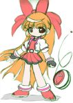  1girl akazutsumi_momoko ankle_boots bangs belt blush boots bow choker clenched_hand dress fingerless_gloves flat_chest gloves hair_bow hyper_blossom jacket long_hair looking_at_viewer magical_girl miniskirt open_clothes open_jacket orange_hair pleated_skirt powerpuff_girls powerpuff_girls_z red_eyes shadow short_dress simple_background sketch skirt smile solo standing very_long_hair weapon white_background yo-yo 