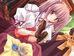  1girl airi_(quilt) apron blush brush carnelian cleaning cleaning_brush corset dress dutch_angle ena ena_(quilt) game_cg high_heels pink_hair quilt quilt_(game) red_eyes shoes solo twintails 