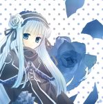  1girl blue_eyes blue_hair blue_rose flower frills gothic gothic_lolita hairband lolita_fashion polka_dot polka_dot_background rose solo 