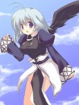  1girl :d antenna_hair bangs blue_eyes blush breasts clouds erect_nipples from_side kamyu kisaki_yuu large_breasts long_sleeves looking_at_viewer open_mouth outdoors sash short_hair silver_hair sky sleeves_past_wrists smile solo standing taut_clothes utawareru_mono wide_sleeves wings 