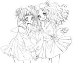  2girls aeru double_bun floating_hair hand_holding lineart long_hair long_sleeves monochrome multiple_girls neviril sailor_collar school_uniform serafuku shirt simoun simple_background skirt smile standing very_long_hair white_background wind 