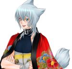  1boy animal_ears blue_eyes blue_hair collar crossed_arms digital_devil_saga facial_mark fangs fingerless_gloves floral_print fox fox_ears fox_tail male_focus serph silver_hair solo tail yellow_eyes 