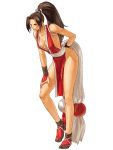  1girl armpits bare_legs black_eyes black_hair breasts brown_hair cleavage dress fatal_fury full_body hand_on_thigh highres japanese_clothes king_of_fighters leaning_forward legs loincloth long_hair neo_geo_battle_coliseum no_bra official_art ogura_eisuke pelvic_curtain ponytail revealing_clothes rope shiranui_mai simple_background smile snk solo standing the_king_of_fighters white_background 