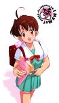  00s 1girl ahoge backpack bag brown_hair food highres i_my_me_strawberry_eggs kuzuha_fuuko randoseru school_uniform serafuku solo 