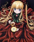  00s 1girl bangs black_background blonde_hair blue_eyes bow cup dress eyebrows eyebrows_visible_through_hair hair_bow long_hair looking_at_viewer red_dress rozen_maiden saucer seiza shinku sitting solo tea teacup twintails 