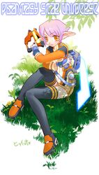  1girl black_legwear copyright_name dual_wielding energy_sword fingerless_gloves gloves grass gun hirai_yukio lavender_hair long_sleeves orange_eyes phantasy_star phantasy_star_universe pointy_ears saber serious shoes short_hair signature sitting sword thigh-highs weapon 