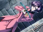  1girl aiming_at_viewer bow_(weapon) carnelian character_request crossbow dutch_angle flower game_cg lipstick makeup mystereet pencil_skirt purple_hair short_hair skirt solo violet_eyes weapon 
