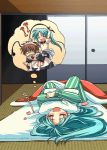  1boy 1girl barefoot blush closed_eyes crossdressinging dreaming femdom fujitaka_(akasora) fujitaka_akasora fusuma futon green_hair higurashi_no_naku_koro_ni long_hair lying maebara_keiichi maid_headdress no_nose on_back open_mouth pajamas pillow pillow_hug sleeping sliding_doors sonozaki_mion striped tatami trap upside-down 