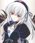  00s 1girl black_dress blush detached_collar dress flower from_above grey_background hairband lolita_hairband long_hair long_sleeves lowres pink_eyes ribbon rose rozen_maiden silver_hair simple_background smile solo suigintou very_long_hair wings 