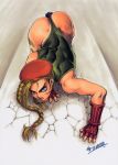  1girl all_fours angry ass beret blonde_hair blue_eyes bodypaint boots braid cammy_white capcom female fingerless_gloves gloves hat leotard long_hair muscle panties scar solo street_fighter thong thong_leotard tsukasa_jun twin_braids underwear 