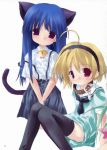  2girls animal_ears bell bell_collar blonde_hair cat_ears cat_tail collar furude_rika green_skirt higurashi_no_naku_koro_ni houjou_satoko multiple_girls skirt suspenders tail thigh-highs tororo 