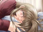  1girl blush close-up closed_eyes game_cg glasses happy izumo lying silver_hair sleeping solo tachibana_ayaka yamamoto_kazue 