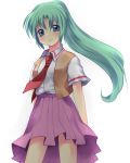  1girl blue_eyes blush green_hair higurashi_no_naku_koro_ni looking_at_viewer mei necktie ponytail purple_skirt red_necktie shirt short_sleeves skirt smile solo sonozaki_mion standing subaru_(yachika) vest white_shirt 