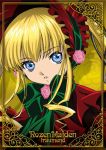  00s 1girl blonde_hair blue_eyes bonnet bow copyright_name expressionless flower frills green_bow long_hair official_art pink_rose rose rozen_maiden shinku solo twintails upper_body yellow_background 