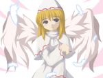  1girl blonde_hair blush brown_eyes capelet dress feathers female fukaiton hat lily_white smile solo touhou white_dress wings 