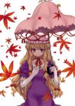  1girl blonde_hair elbow_gloves female gloves leaf maple_leaf mizumoto_tadashi solo touhou umbrella yakumo_yukari 