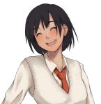  1girl brown_hair closed_eyes laughing necktie original red_necktie short_hair simple_background solo sweater sweater_vest tamaru_tokihiko vest 